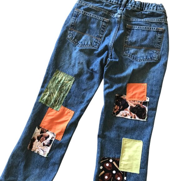 Children's Pants, Size 10 Husky: Upcycled Puppies Baseball Theme Patchwork Jeans - Picture 2 of 16
